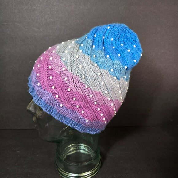 Handmade Knit Hat Faux Pearl Pink Blue Gray Swirl Design Warm Winter Wool Blend main image 4
